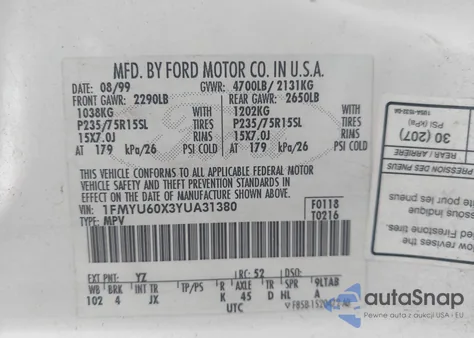 2000 Ford Explorer Sport из США, поврежденный, VIN 1FMYU60X3YUA31380